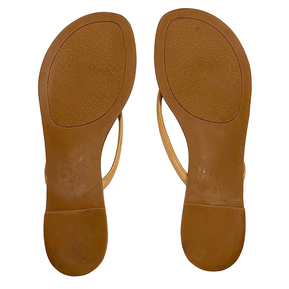 Tory Burch Terra Thong Patent Leather Sandals Nude Gold Logo Flip Flops Flat 7M - Picture 7 of 13
